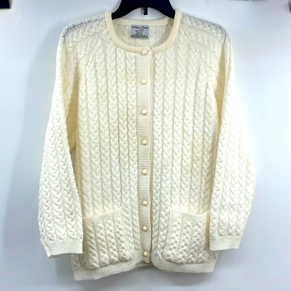 Vintage College Point Cream Cable Knit Cardigan Made In Usa Measurements